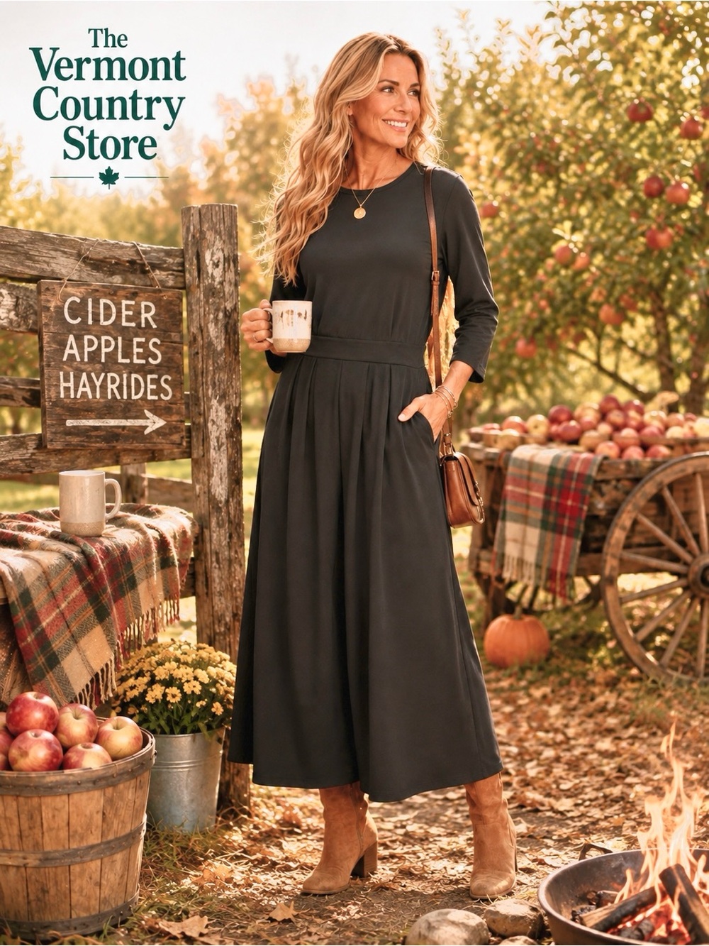 NWT,Vermont Country Store Black Knit Midi Dress Pleated Pockets Stretch Size M